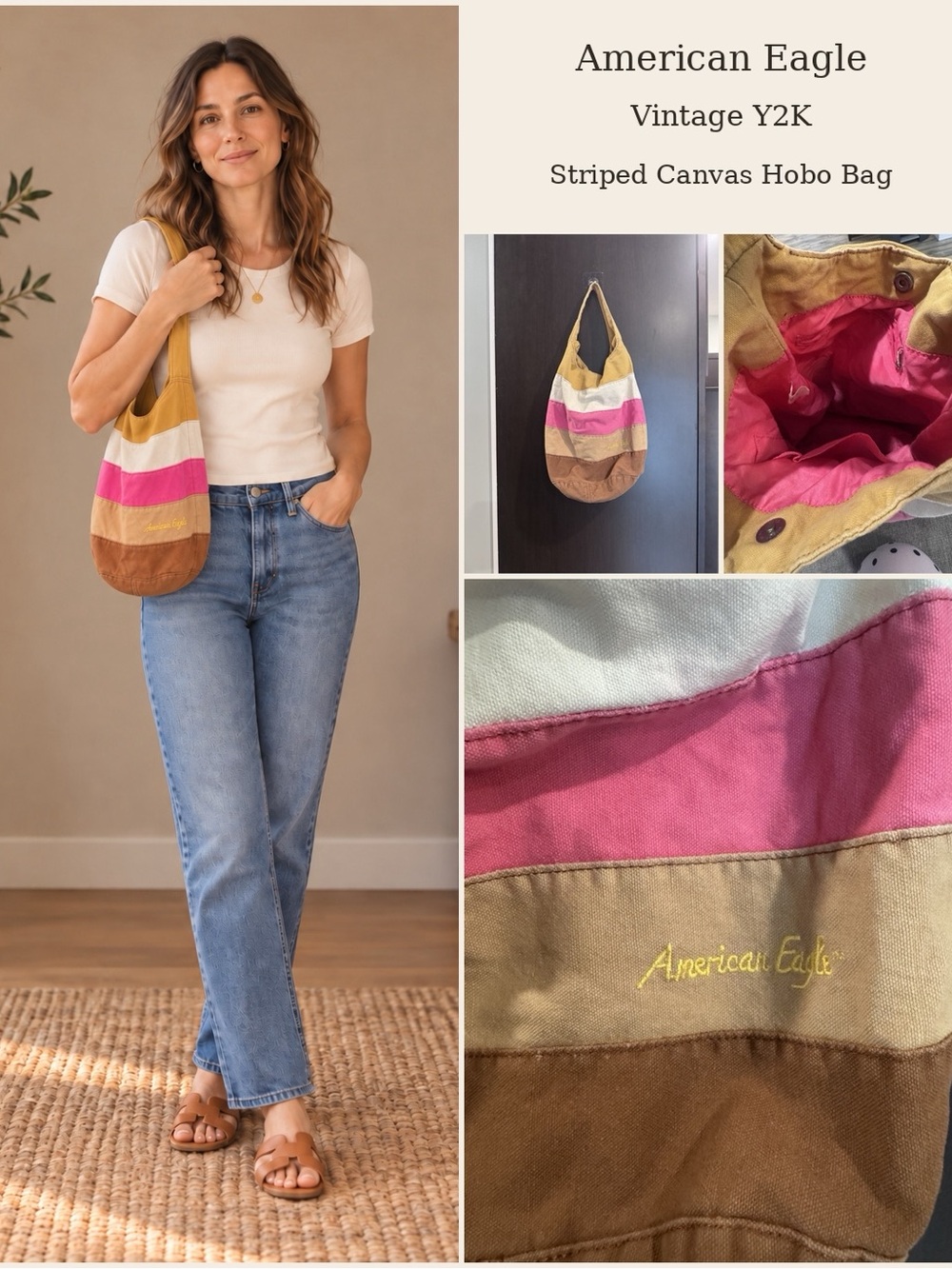 American Eagle Outfitters Striped Canvas Hobo Bag in Mustard, Pink & Brown